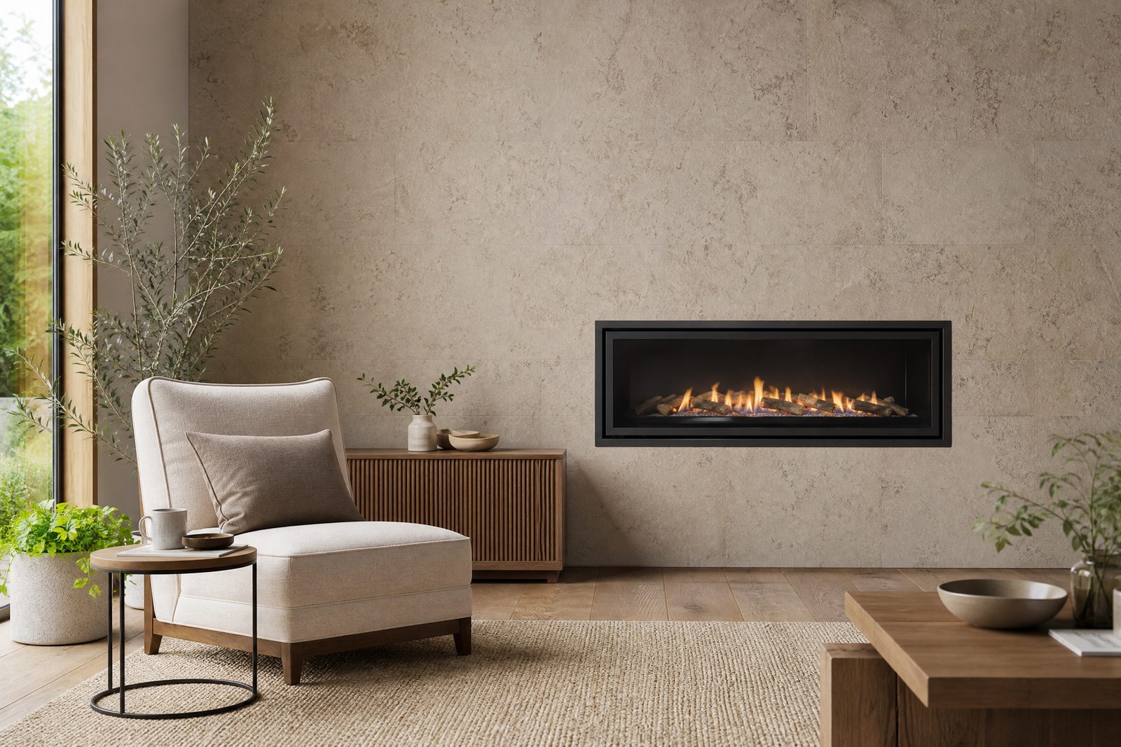 Contemporary built-in fireplace display in a warm showroom setting