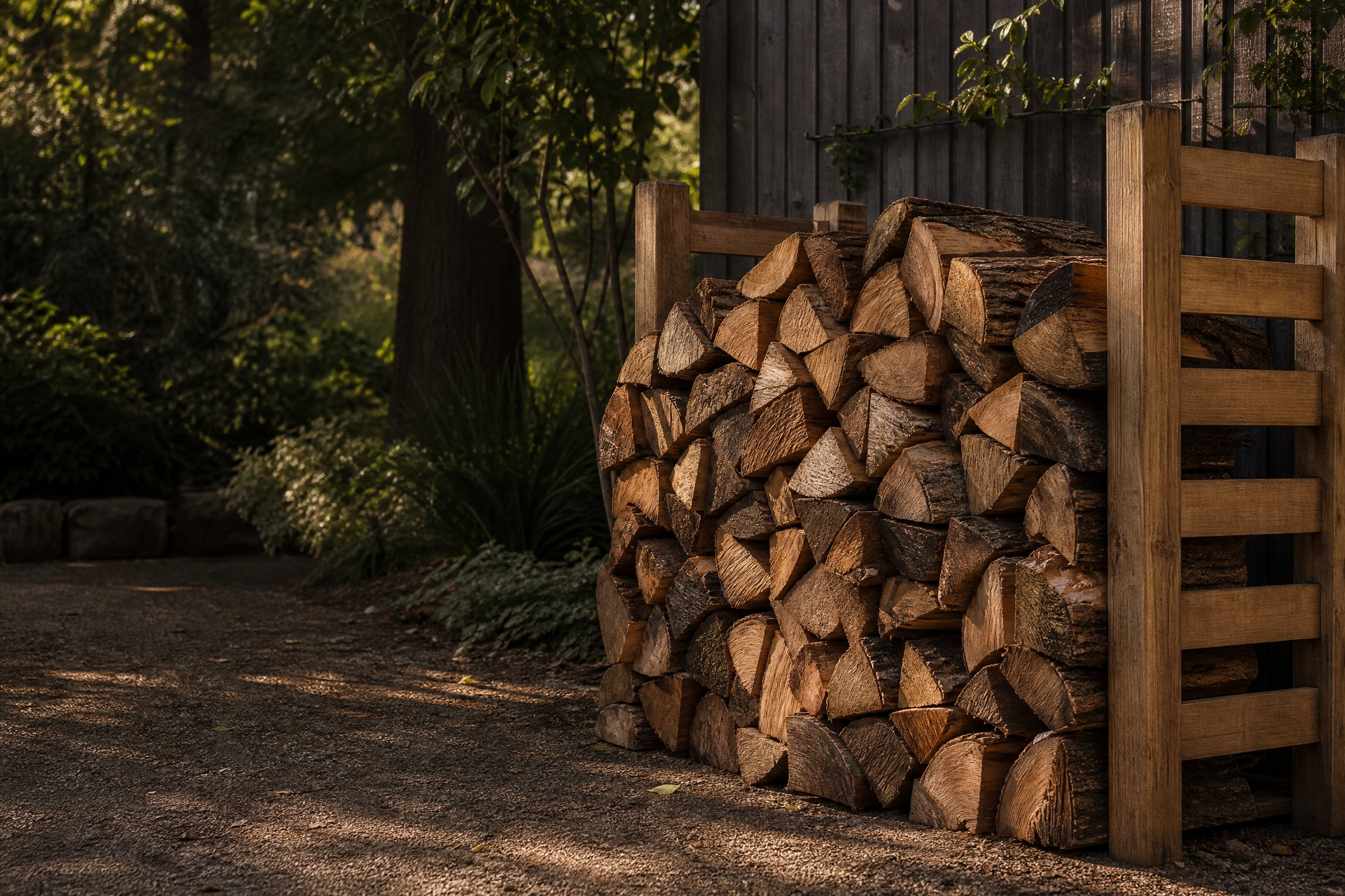 Stacked split hardwood firewood in a garden setting