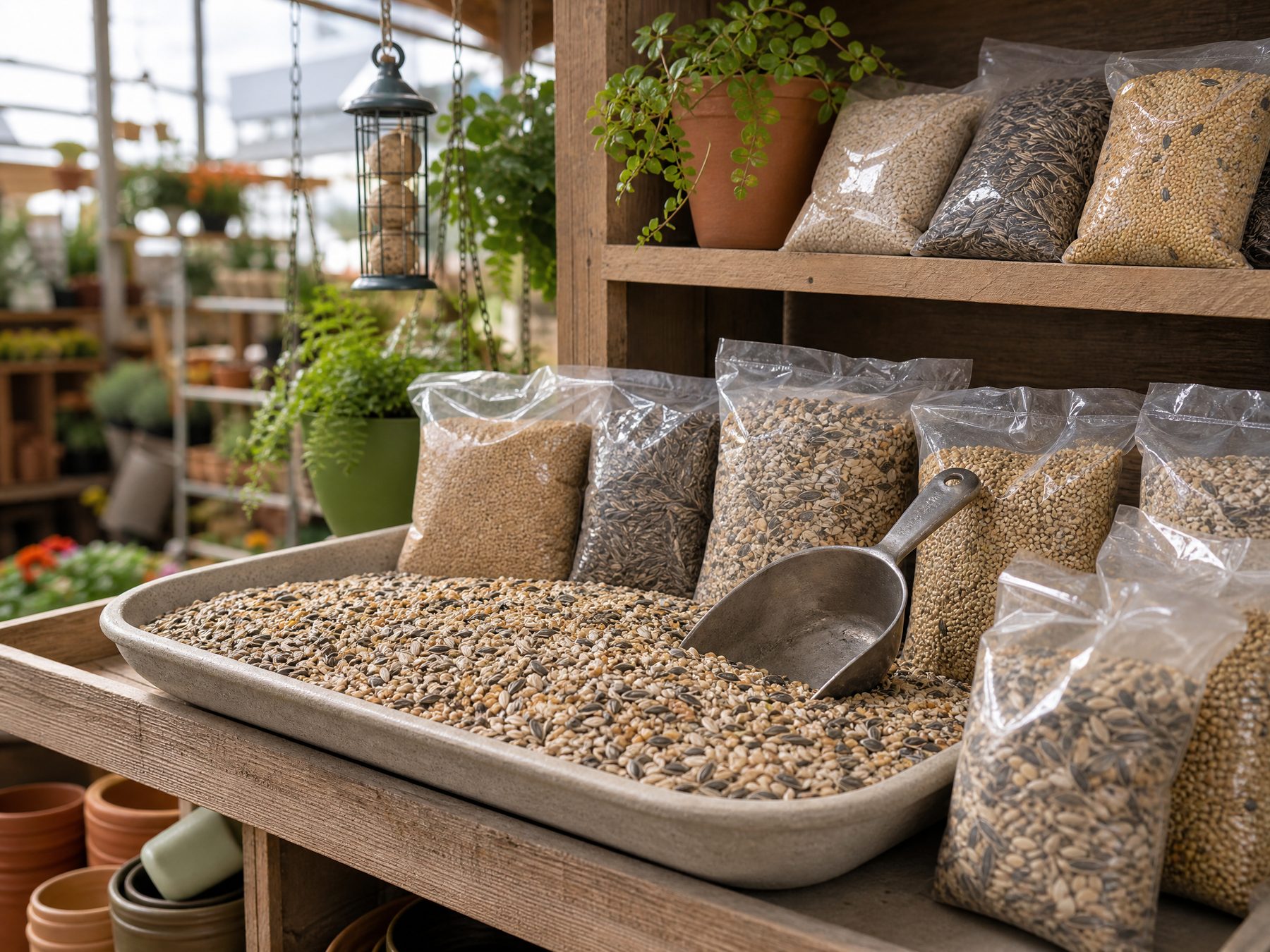 Unbranded mixed bird seed display with scoop and feed bags