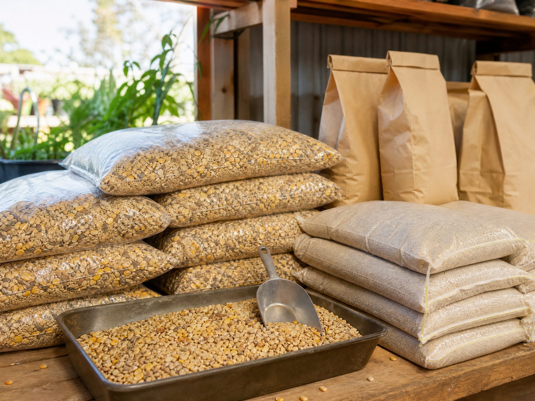Unbranded poultry feed sacks, grain and scoop in a garden-centre display