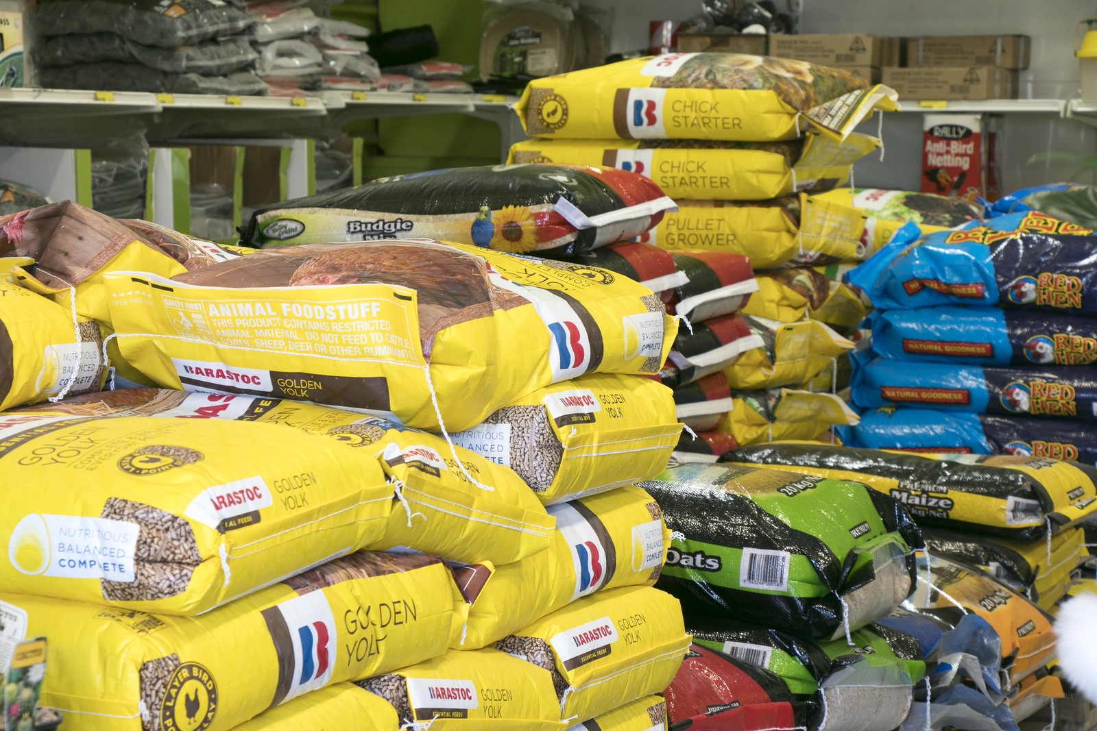Original Blue Gum stock-feed display with bags of feed in store